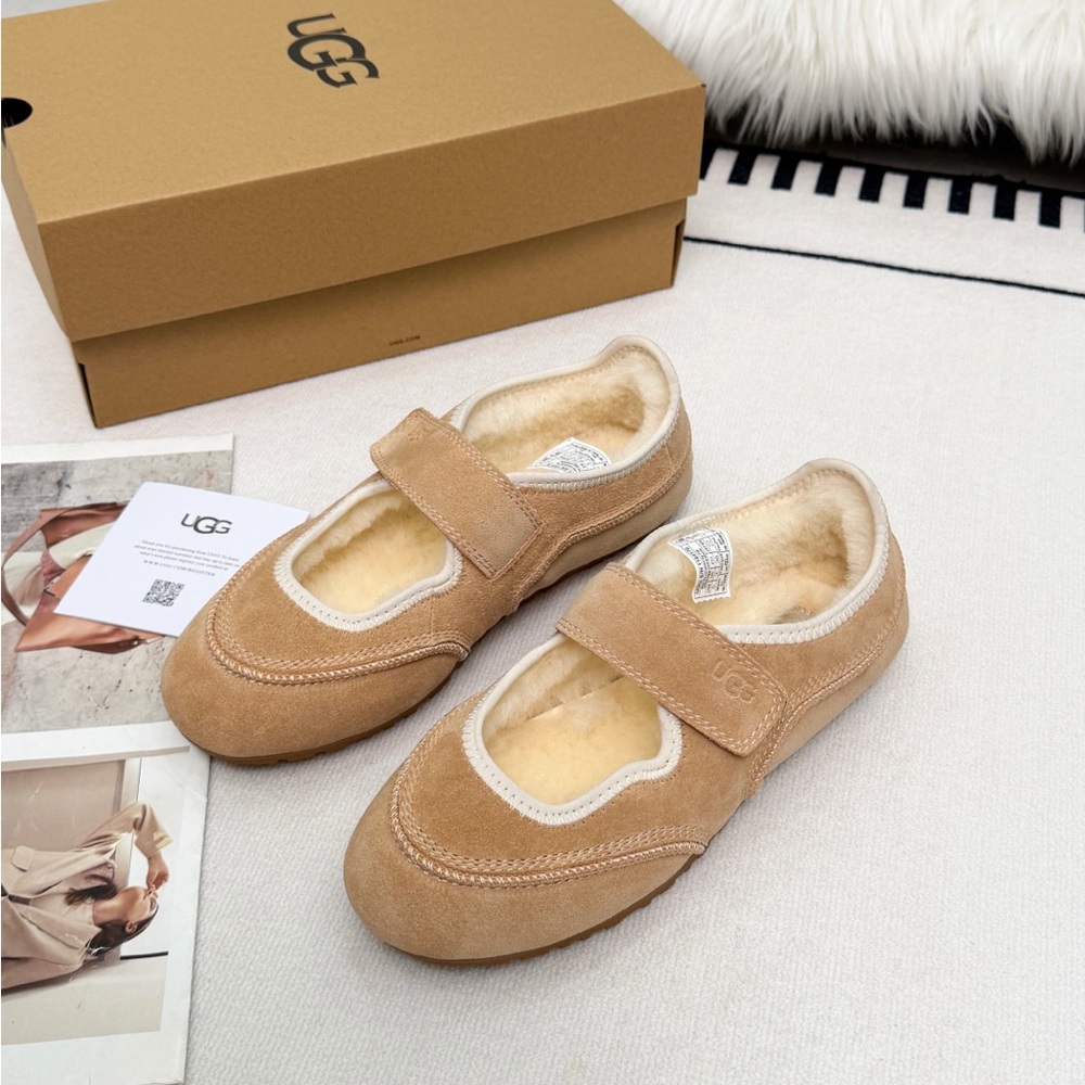 UGG Women's Tan Suede Mary Jane Slippers with Shearling